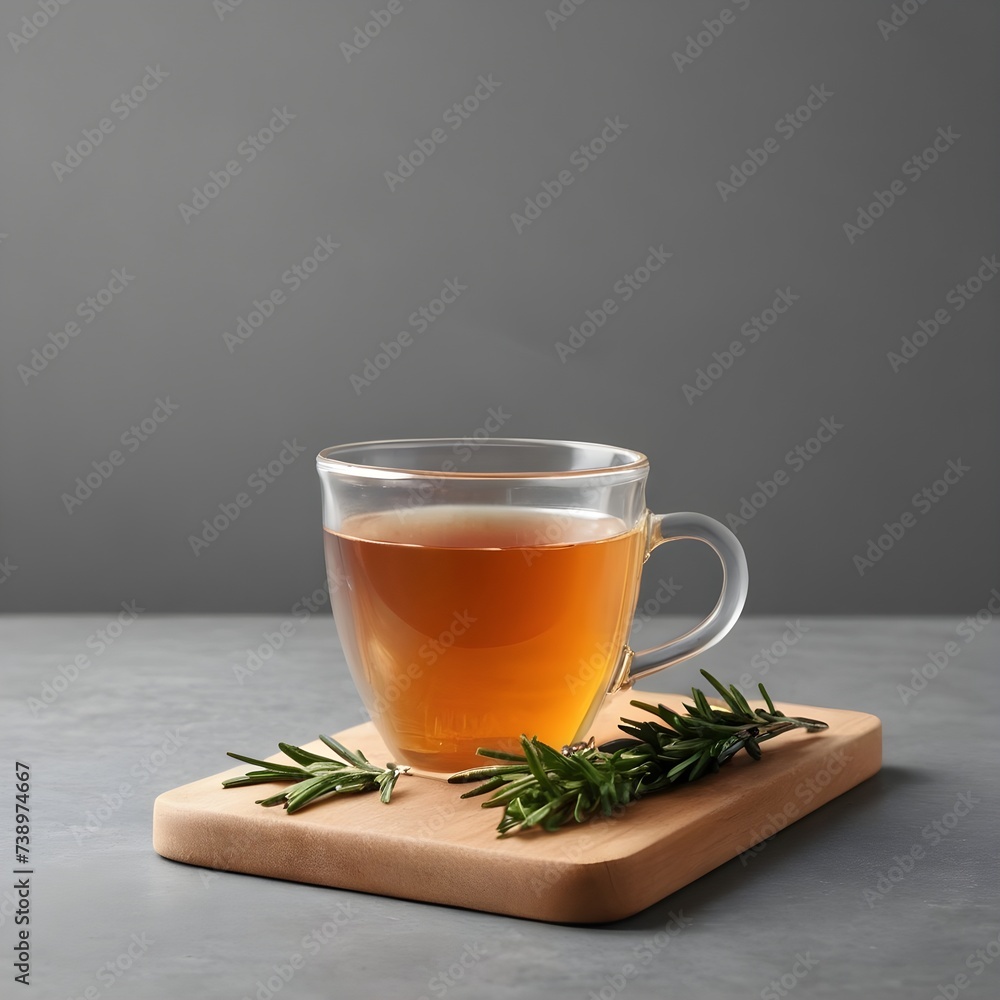 Wooden board with glass cup of hot rosemary tea on grey background Wooden board with glass cup of hot rosemary tea on grey background