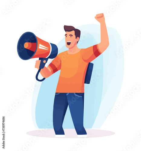 Person holding loudspeaker. Man announcing news with loud speaker in hands. happy character with bullhorn, megaphone for information announcement. Flat vector illustration isolated on white background