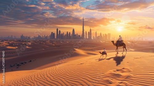 The Dubai travel concept captures the essence of bridging modernity and tradition in the UAE. In this scene, a camel crosses the desert against the backdrop of Dubai's skyline during sunset photo
