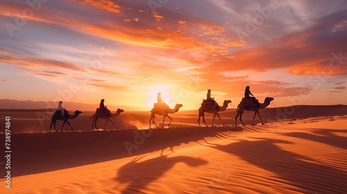 An exotic adventure unfolds as tourists ride camels across the sand dunes of the desert at sunrise, creating a mesmerizing scene in Erg Chebbi, Morocco, Africa photo