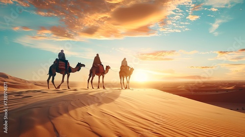 An exotic adventure unfolds as tourists ride camels across the sand dunes of the desert at sunrise, creating a mesmerizing scene in Erg Chebbi, Morocco, Africa