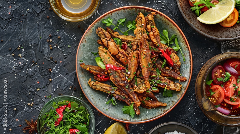 Turkish-style fried anchovies, known as "Hamsi Tava," offer a savory delight that tantalizes the taste buds. - obrazy, fototapety, plakaty 