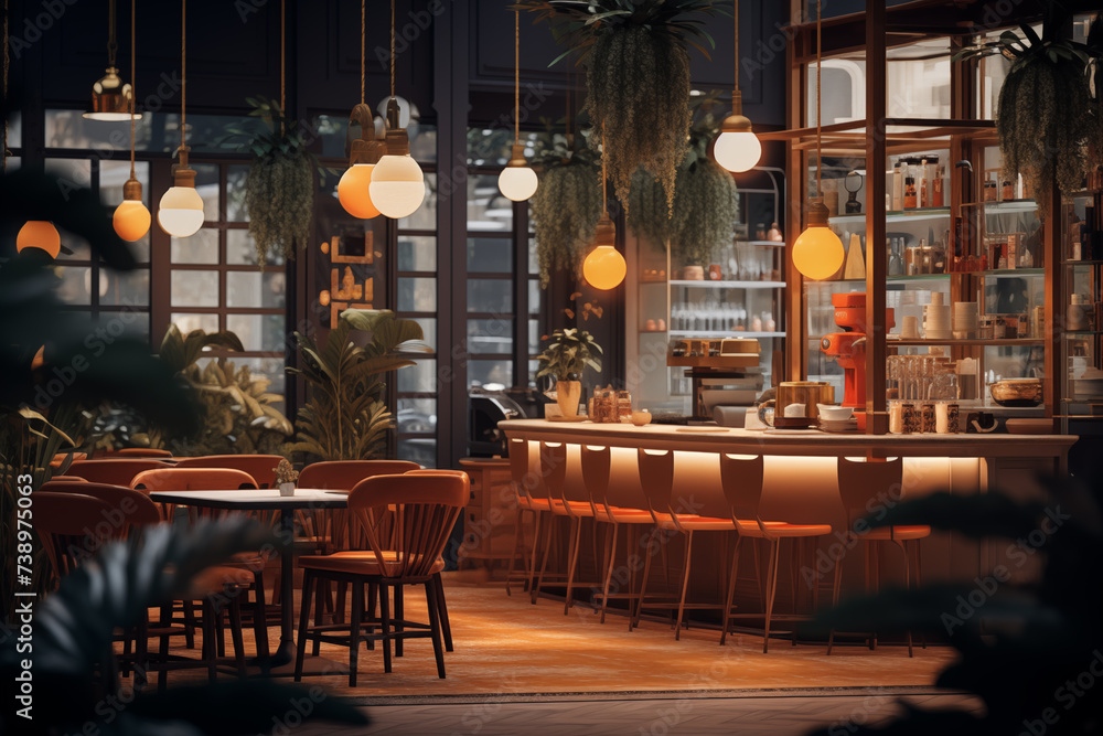 Elegant Modern Cafe Interior with Warm Lighting