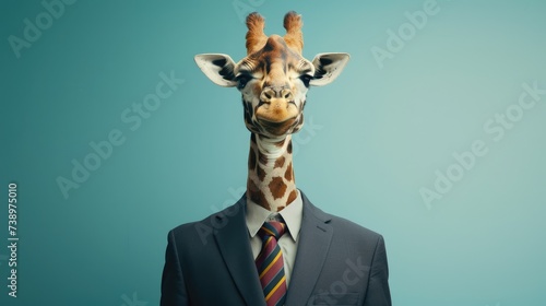 Quirky Giraffe Mascot in Formal Business Suit Stretching Upwards on Plain Background