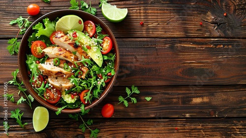 A top-view image depicts a nutritious salad bowl featuring quinoa, tomatoes, chicken, avocado, lime, mixed greens, lettuce, and parsley on a wooden background.