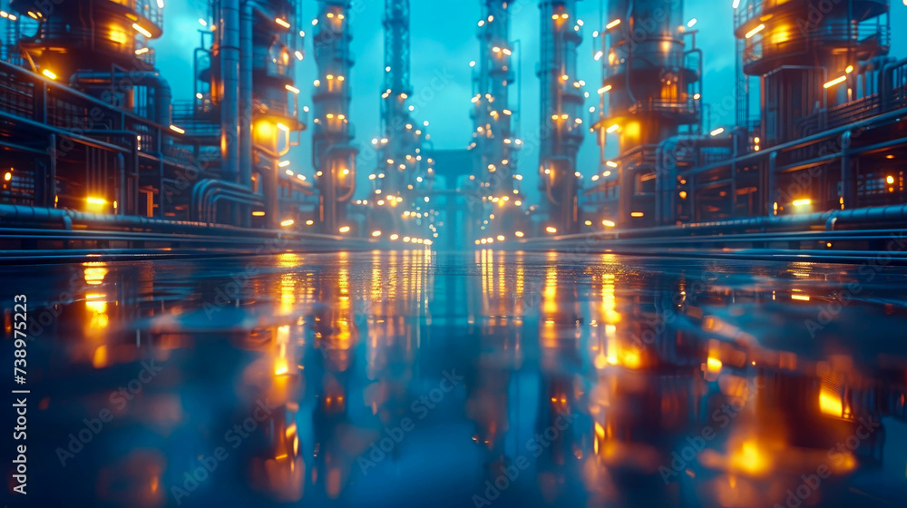 Fototapeta premium Industrial pipelines and valves in blue light of a petrochemical plant.. Industrial background