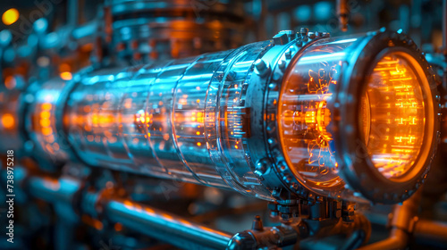Industrial high tech transparent glowing translucent energy shell and tube heat exchangers with pipes futuristic with energy and fuel equipment in oil refinery