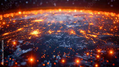 planet earth from space with visible city lights with glowing particles and bokeh