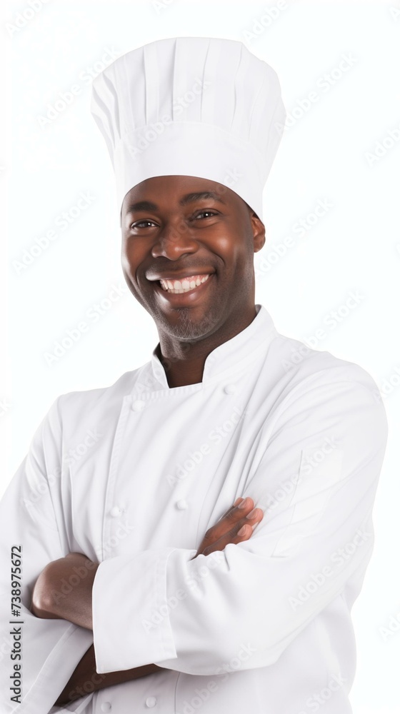 Confident African American Chef in White Uniform with Happy Smile Confident African American Chef in White Uniform with Happy Smile