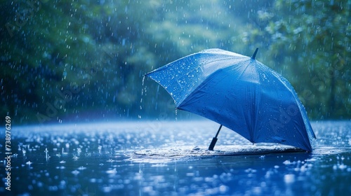 beautiful blue umbrella on the ground in a rain