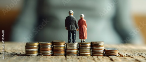 Concept of retirement planning. Miniature people: Old couple figure standing on top of coin stack.
