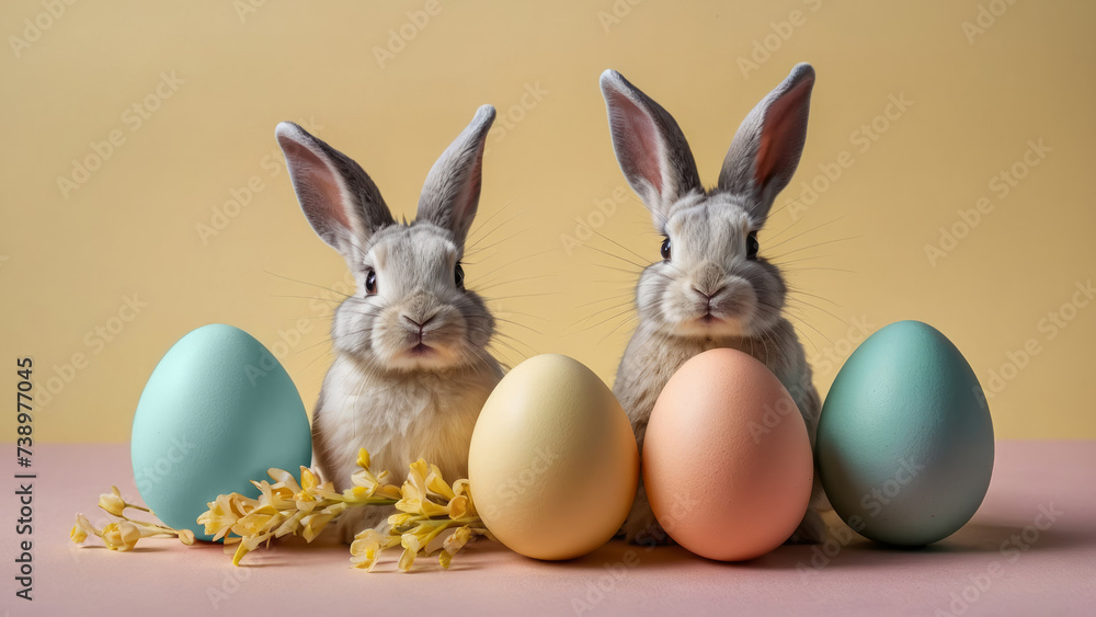 Fototapeta premium Multicolored easter eggs and Easter cute bunnies on pastel yellow background