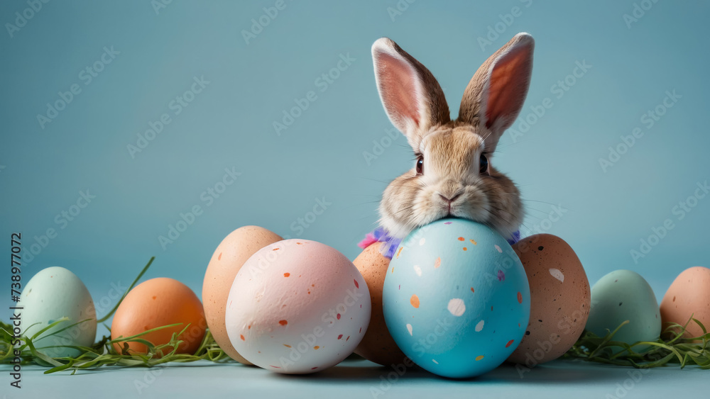 Multicolored easter eggs and Easter cute bunnies on pastel blue background. With copy space for text