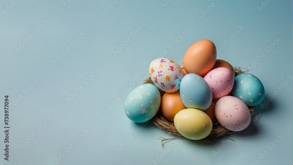 Multicolored easter eggs on pastel blue background. With copy space for text