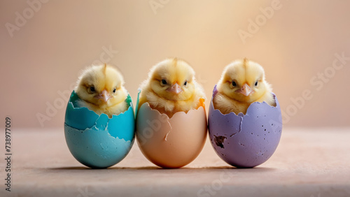 Chicks in cracked shells from multicolored easter eggs on pastel orange background. With copy space for text