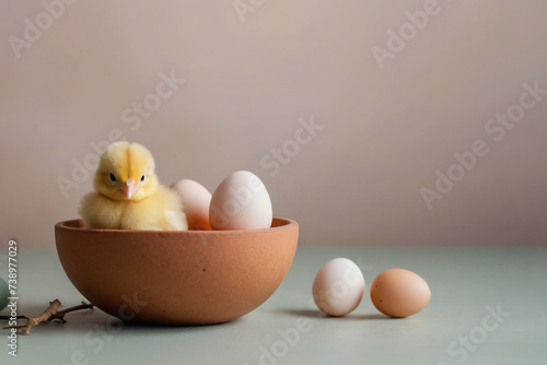 Easter eggs and chicken in a bowl on pastel beige background. With copy space for text