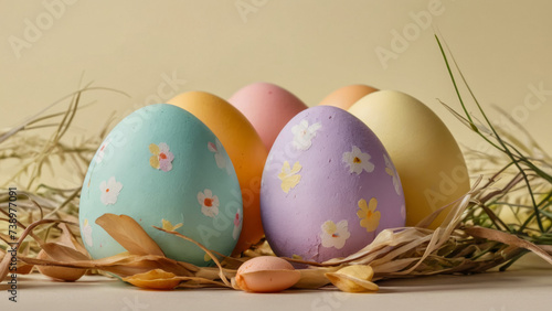 Multicolored easter eggs on pastel yellow background