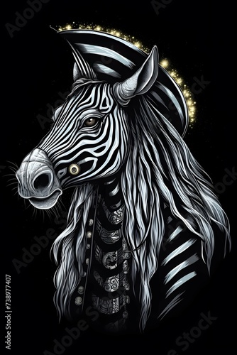 wizard zebra , vector art, black background
