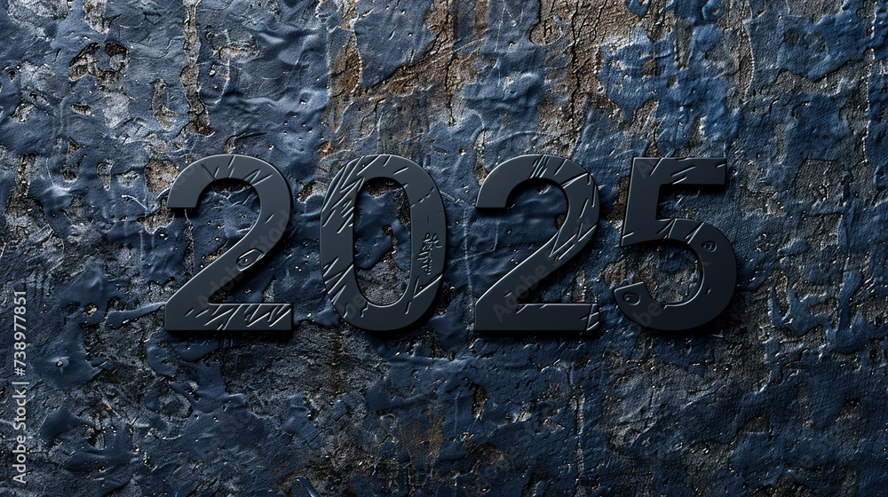 A close-up abstract background of the numbers 2025 on a wall announcing the advent of the new year. 2025 in an atmosphere of celebration and renewal wallpaper poster template.