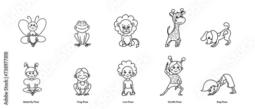Set of kids yoga animal poses. Butterfly, frog, lion, giraffe, dog asanas. Vector cartoon illustration in doodle style.