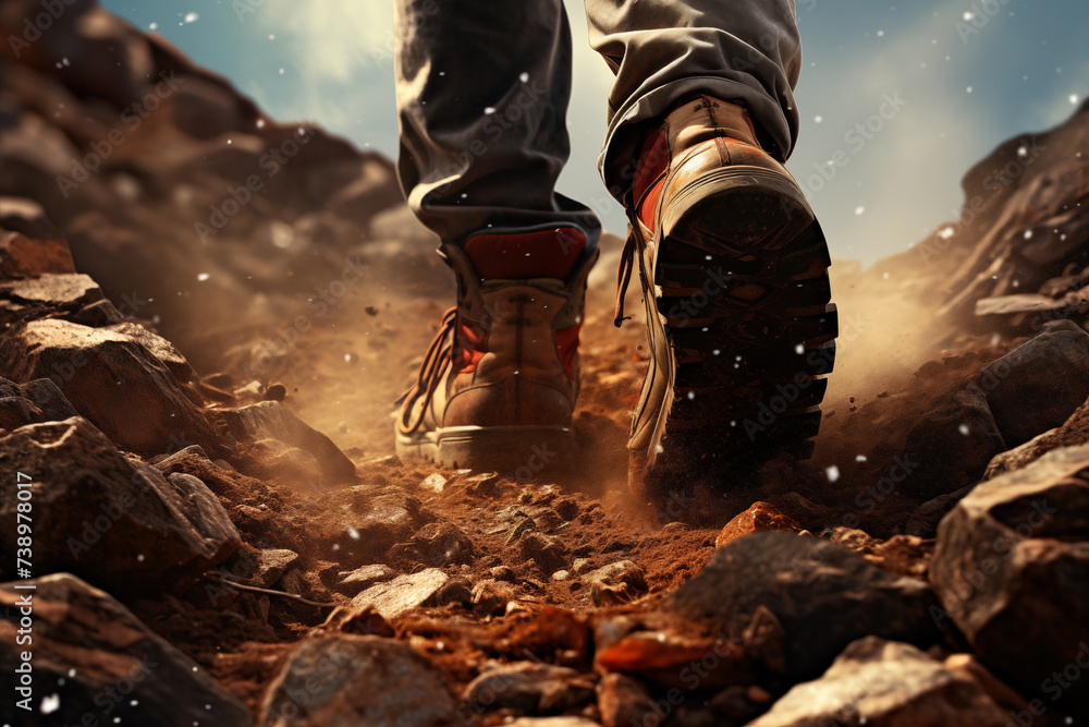 Hikers Journey: Close-Up of Boots on Rocky Terrain Hikers Journey: Close-Up of Boots on Rocky Terrain