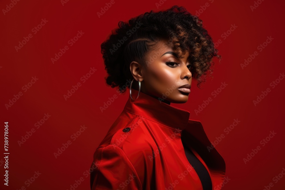 Elegant African American Woman in Red. A striking portrait of an African American woman with curly hair, wearing a red trench coat, against a red background. Elegant African American Woman in Red. A striking portrait of an African American woman with curly hair, wearing a red trench coat, against a red background.