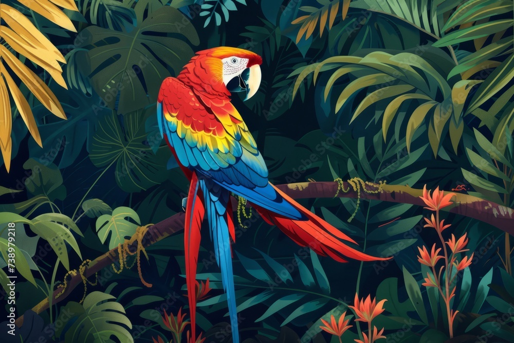 A vibrant parrot with colorful feathers calmly sitting on a branch amidst lush foliage in the jungle.