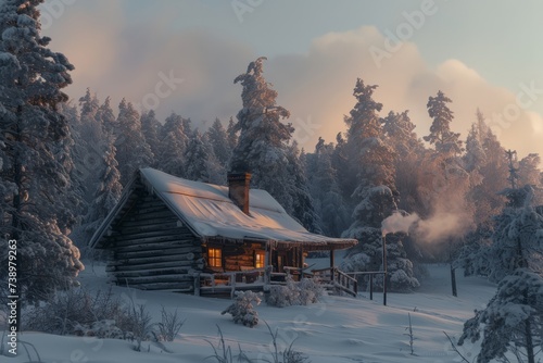 A log cabin situated in the middle of a snow-covered forest, creating a picturesque winter scene.