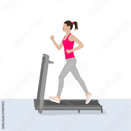 This illustration portrays a young woman engaged in running on a treadmill. She exudes determination and focus as she pursues her fitness goals. Dressed in a pink tank top and gray pants, she epitomiz