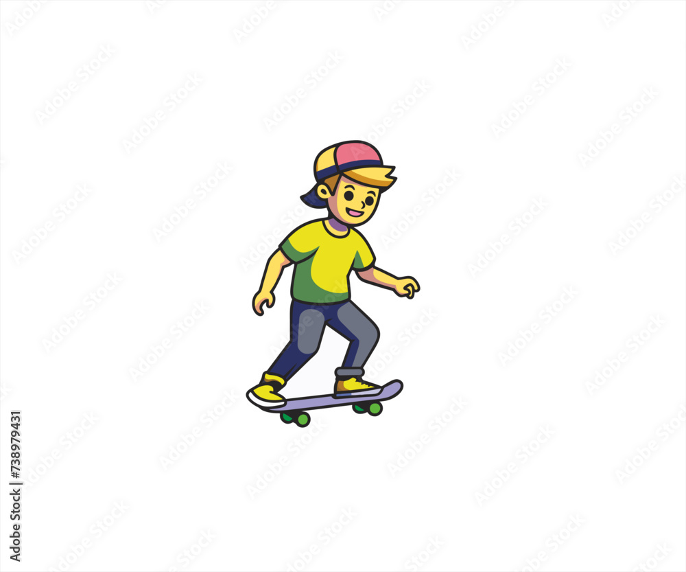 Obraz premium kids playing skateboard cartoon illustration