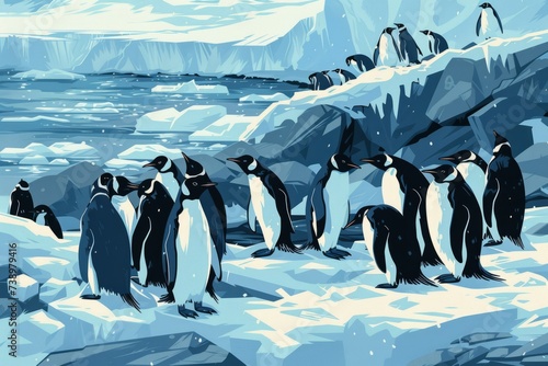 A group of penguins huddled together on top of a snow-covered ground.