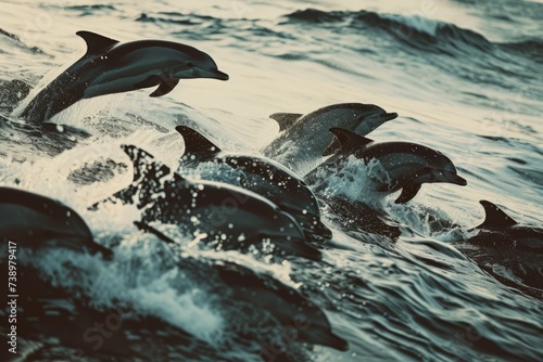 A group of playful dolphins leaping and splashing in the ocean. © Vit