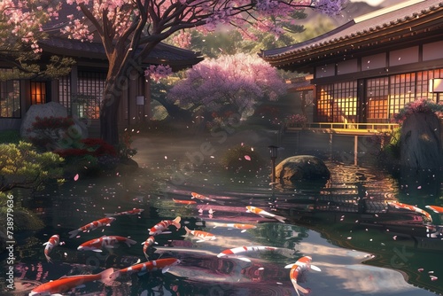 This photo showcases a serene Japanese garden featuring a koi pond filled with swimming koi fish.