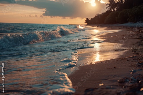 A peaceful beach at sunset, with the sun descending over the ocean and gentle waves rolling onto the shore. © Vit