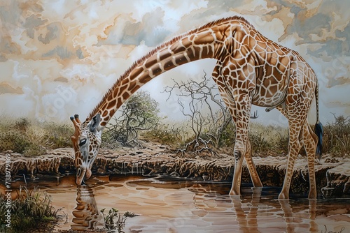 A regal giraffe gracefully bends down to drink water from a pond.