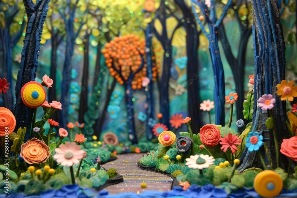 This whimsical painting showcases a vibrant forest filled with colorful flowers and lush trees. This whimsical painting showcases a vibrant forest filled with colorful flowers and lush trees.