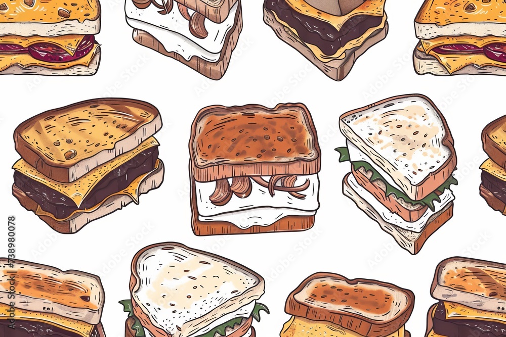 A drawing of a variety of gourmet grilled cheese sandwiches arranged together on a white background.