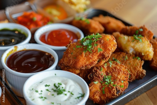 A tray of crispy chicken nuggets served with a variety of dipping sauces for added flavor.