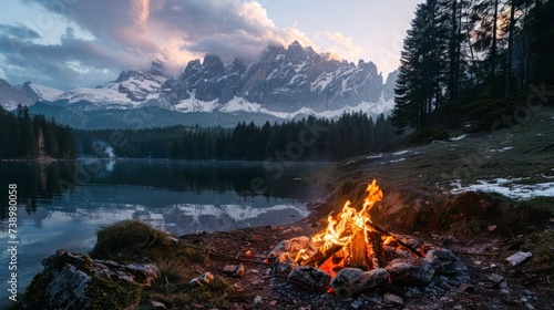 amazing landscape of a campfire with a large lake in the background and large mountains and pine trees