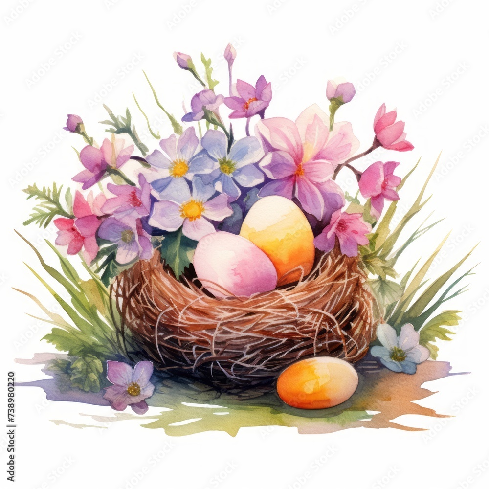 Osternest Aquarell Frühlingsblumen Bunte Eier Osterdekoration Natur Kunst Illustration Handgemalt Wandbild Festliche Deko Geschenk Frühlingsfest Osternest Aquarell Frühlingsblumen Bunte Eier Osterdekoration Natur Kunst Illustration Handgemalt Wandbild Festliche Deko Geschenk Frühlingsfest