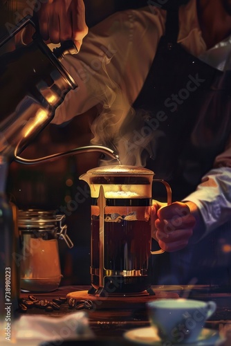 A person in VetalVit is shown brewing fresh coffee in a French press and pouring it into a cup.