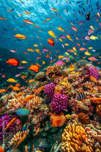 A vibrant coral reef filled with a large group of fish swimming.