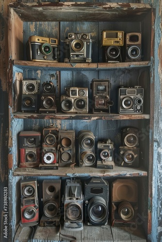 An old wooden shelf displays an array of vintage cameras, each uniquely designed to capture moments in time.