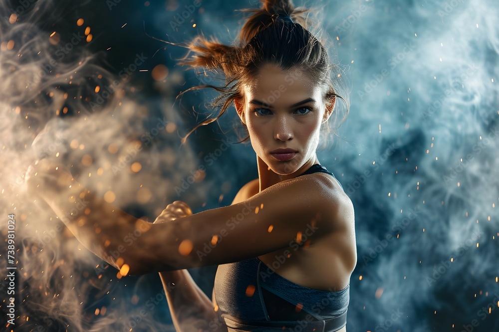 A confident woman in athletic wear in a powerful pose set against a backdrop of smoke and sparks.