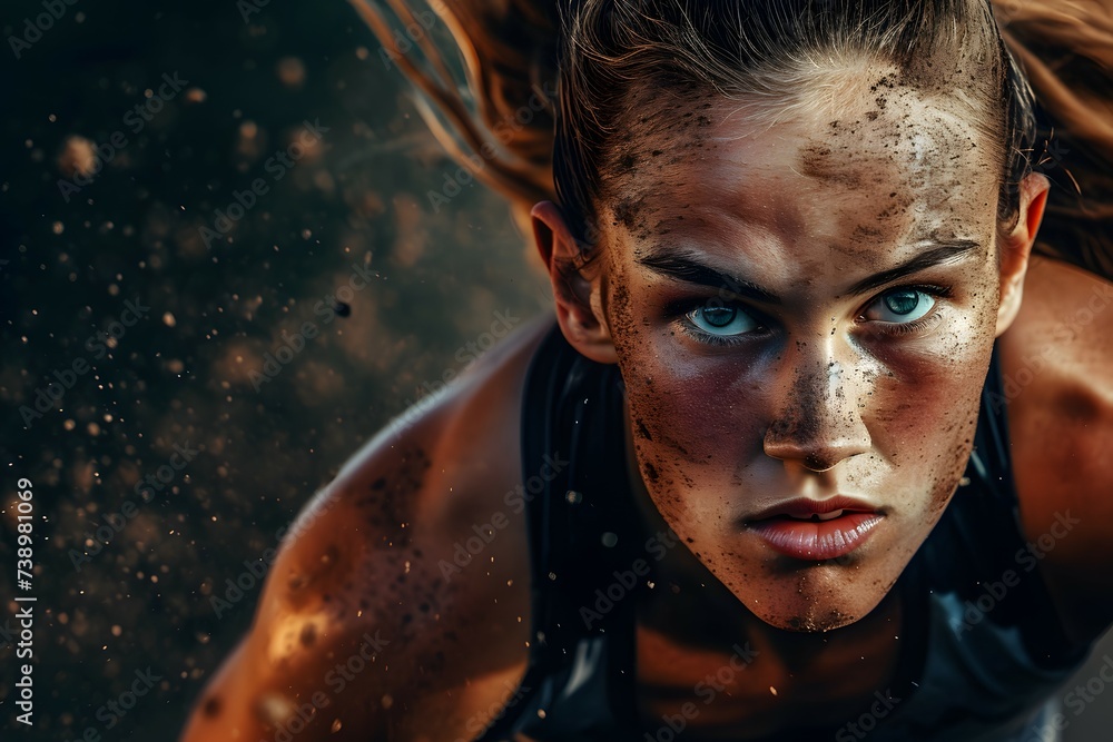 Fierce female athlete with blue eyes and mud-streaked face Fierce female athlete with blue eyes and mud-streaked face