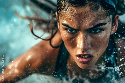 A focused female athlete's face is framed by splashing water
