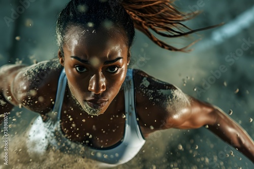 A dynamic close-up of an African American woman athlete, intensely focused as she performs an athletic maneuver