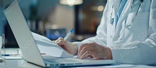Close up Hands of Doctor in white coat writing medical records paperwork at workplace. AI generated photo