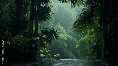 Tropical rainforest scene with heavy rainfall and lush vegetation photo