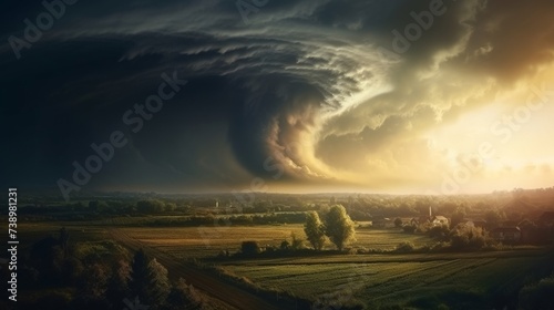 Imposing supercell thunderstorm over rural farmland at sunset